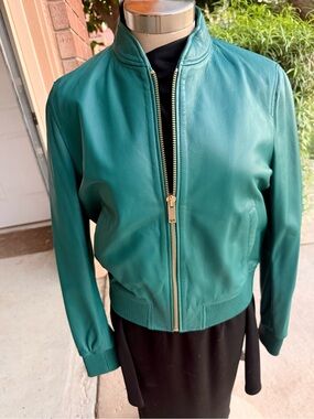 Massimo Dutti Teal Leather Bomber Jacket